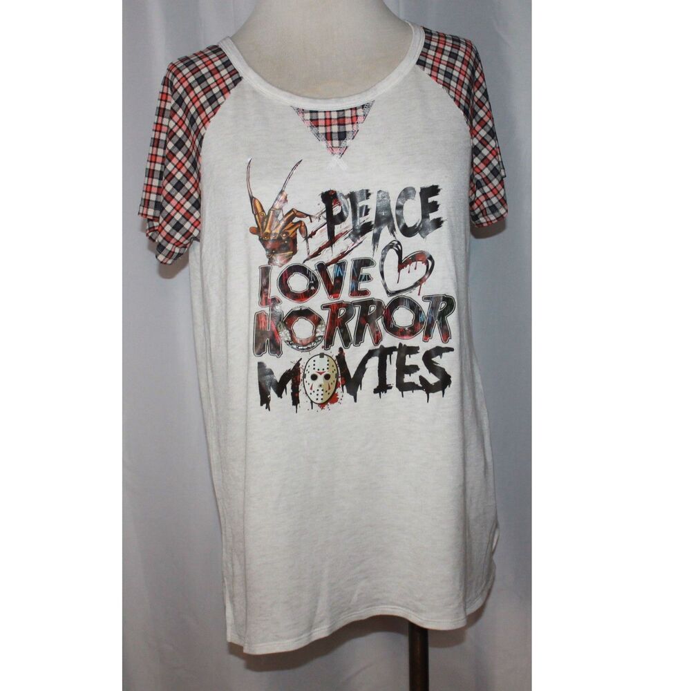 First Love Ivory Peace Love Horror Movies Freddy Jason Short Sleeve Top Size L